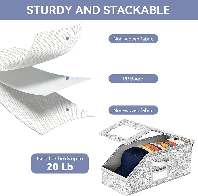 Stackable Hat Storage for Baseball Caps, 2 PCS, Grey | Holds up to 24 Caps, Hat Organizer for Closet, Sturdy Snapback Boxes for Men, With Cardboard