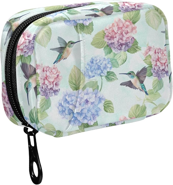 Fustylead Cute Hummingbirds and Hydrangea Floral Pill Organizer for Purse, Weekly Portable Pill Box with Zipper to Storage Vitamins Fish Oils Medications Supplements
