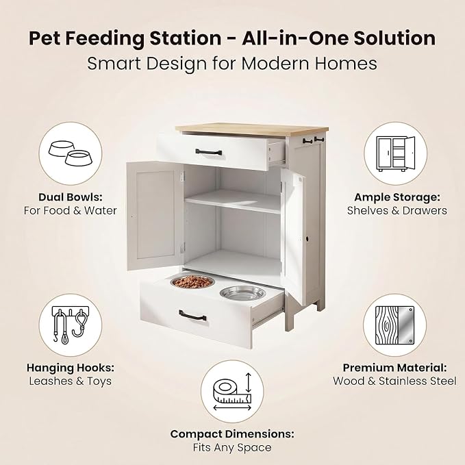 Elevated Stainless Dog Bowls,Feeding Station for Food Storage White Wood | LINLUX Pet Organizer Cabinet With Adjustable Shelf Sliding Drawer Hidden Feeder ,Toy Organization Container for Cats & Dogs