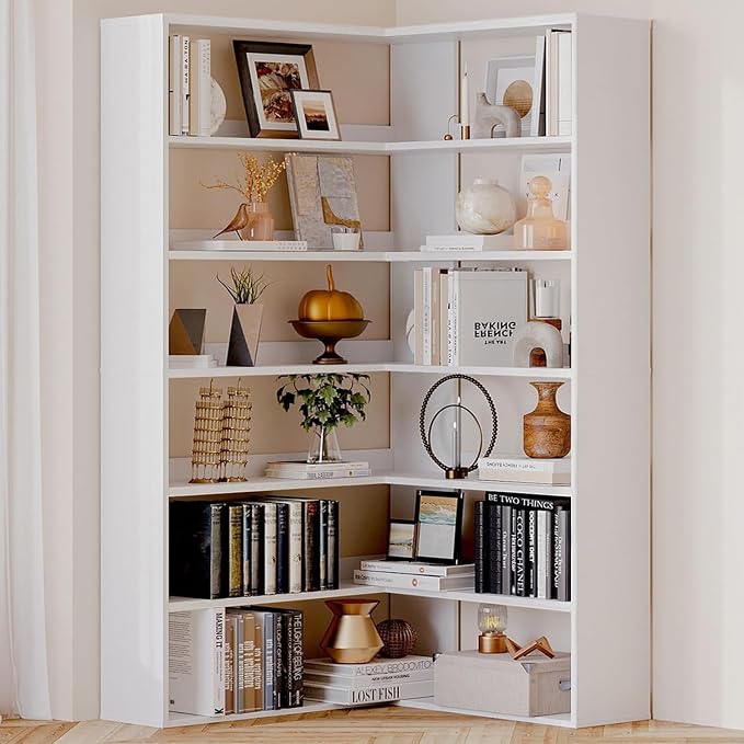 Corner Bookshelf, Freestanding L Shaped Display Shelf, 6 Tiers Bookcase with Baffles, Wooden Bookcase with Storage Organizer for Home Office, Living Room, Bedroom (35.2")