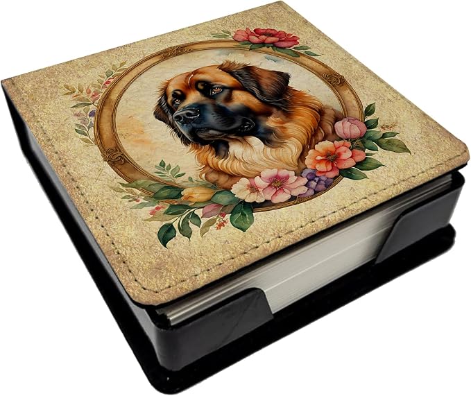 Caroline's Treasures Leonberger and Flowers PU Leather Note Paper Holder with Artist-Designed Cover, Desk Accessory, Office Gift