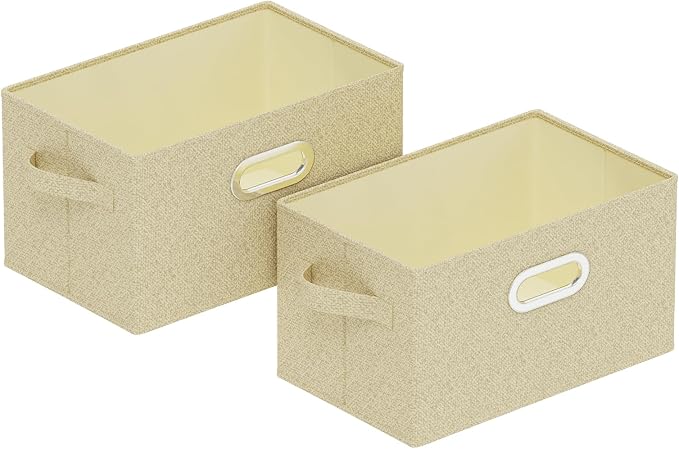 Storage Bins with Metal Grips,Grey and Beige,13x9.1x7.9in,2 Pack | Fabric Storage Baskets with Soft Cloth Handles,Thick PP Panel Wardrobe Containers,Wipeable Open Boxes for Closet Shelves