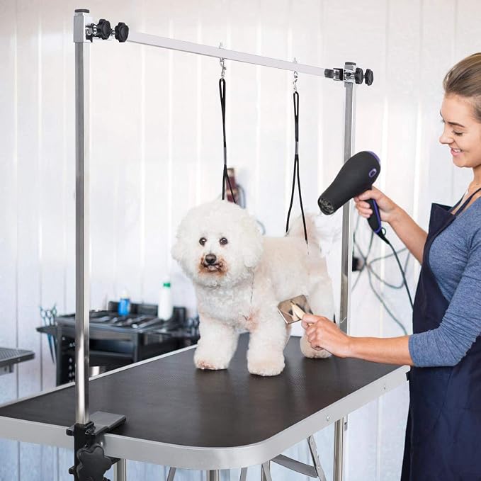 42" Pet Dog Grooming Table, Foldable Stainless Steel Frame Pet Drying Grooming Table Up to 330lbs, Professional Bathing Desk for Dogs at Home with Adjustable Overhead Arms, Noose, Mesh Tray, Black