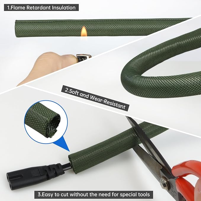 Split Braided Cable Sleeve，Flexible Wire Loom Tubing, Automotive Cord Protector Pet Proof, Cable Management for Computer TV Electric Wires Harness 16ft (Dark Green, 19mm（3/4")