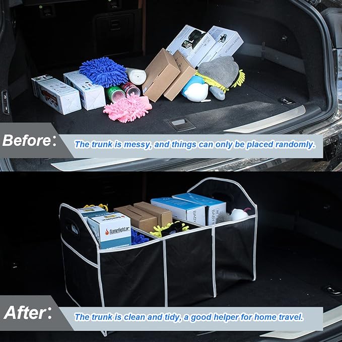 8sanlione Car Trunk Organizer, 3 Compartments, Foldable Storage Bag, Black2 | For sedans, SUVs, vans, woven fabric shell, side grips, light-item sorting, wipe-clean care, automotive interior accessories