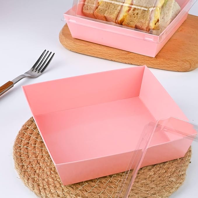 ZORRITA 50 Pack 5 Inch Paper Charcuterie Boxes with Clear Lids, Pink | Small, Square, To Go Food Containers, Bakery Boxes, For Mini Cake, Desserts, Cookies, Sandwiches, Strawberries