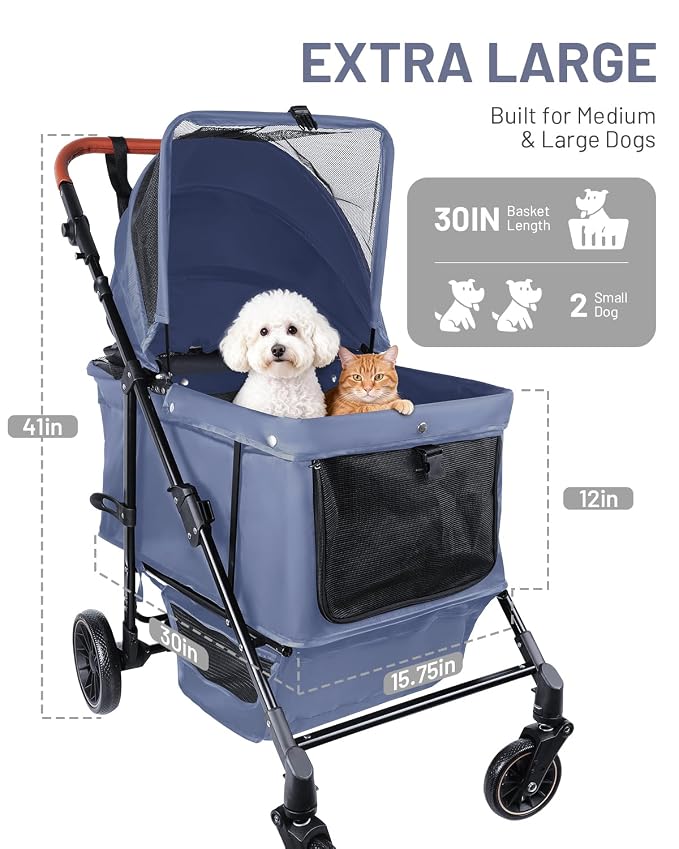 Dog Stroller for Large & Medium Dogs, Pet Stroller for 2 Small Dogs, Extra Large Heavy Duty, Foldable Design, Adjustable Handle, with Pocket, Up to 66lbs(Navy Blue)