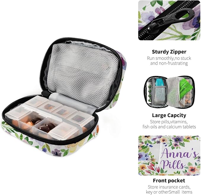 Custom Pill Box 7 Day Pill Case Bag Watercolor Spring Flowers Personalized Name Travel Pill Organizer Bag with Zipper Portable Weekly Case Compact Size for Vitamin Supplement Holder