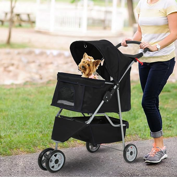 HCY Dog Stroller, Pet Stroller Wheels Carrier Strolling Cart Travel Folding Cart for Puppy Small-Medium Dog, Cat (Black), 18.5 x 33 x 38.5 (inch)