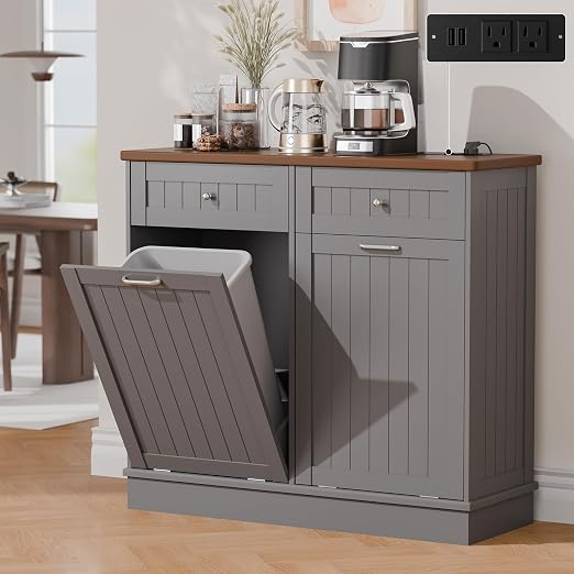 Betterhood Double Tilt Out Trash Cabinet with Power Outlet & USB, Hidden Garbage Can Holder with 2 Storage Drawers, Wooden Laundry Hamper for Kitchen, Bathroom, Living Room, Grey