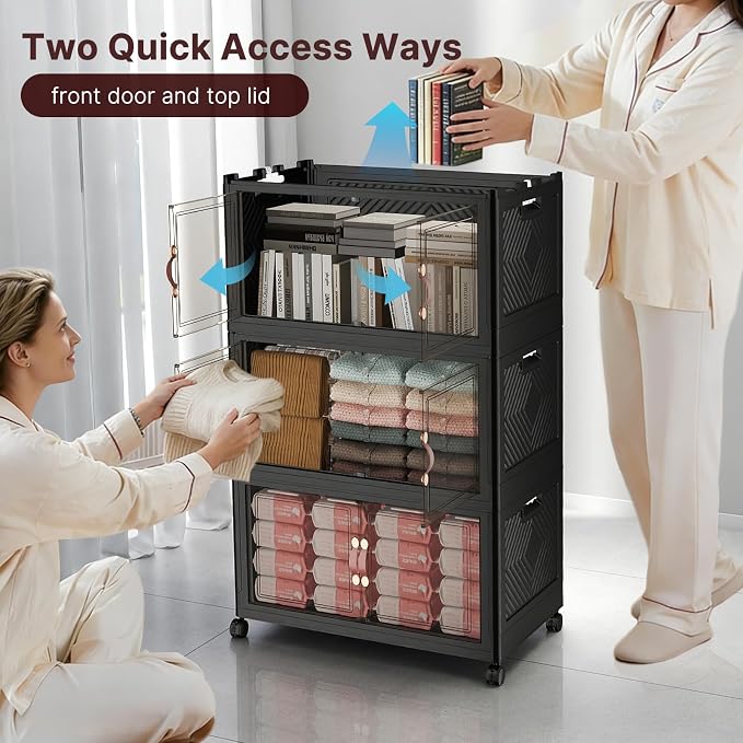 Stackable Storage Bins with Lids, 330QT Lockable Storage Cabinet | Closet Organizers, Foldable Storage Box with Doors and Wheels, Plastic Drawers for Home, Garage, Office (3, Black, Plus)