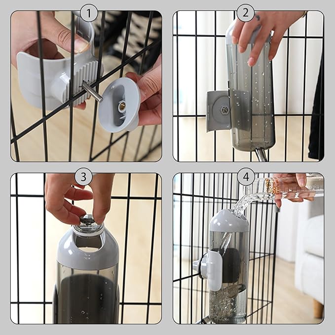 Pet Water Bottle Hanging Dog Water Dispenser Kennel Drinker Kettle Feeder BPA Free Cage Crate Hutch Puppy Cat Rabbit (17oz, Gray)