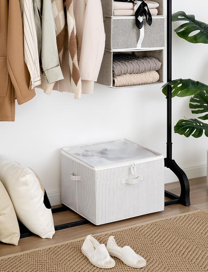 StorageWorks Shoe Organizer for Closet, Fits up to 16 Pairs, Shoe Cubby Storage Containers with Adjustable Dividers and Clear Cover, Khaki and Beige Stripes | Adjustable Dividers, Holds up to 16 Pairs, Foldable, Clear Lid, Soft Handles, Fits Sneakers, ...