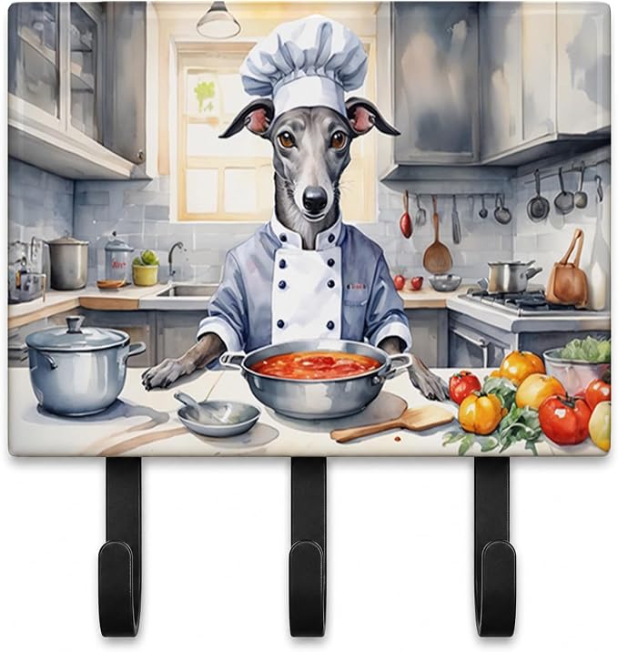 Caroline's Treasures Greyhound The Chef Leash or Key Holder Wall Hooks, Key Hooks Holder, Coat Rack Wall Mount, Coat Hooks, Hooks for Hanging Keys, Towels, Aprons, Leashes | Greyhound The Chef artwork on ceramic tile with three steel hooks for keys, le...