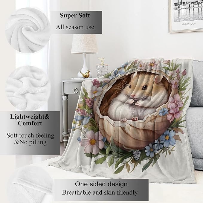 Hamster Blanket,60x80in,Cute Animal in Floral Nest Pastel Flower Throw Blankets,Gifts for Kids Girls Women, Lightweight Soft Fleece Cozy,for Sofa Couch Bed Room Travel Modern Decor