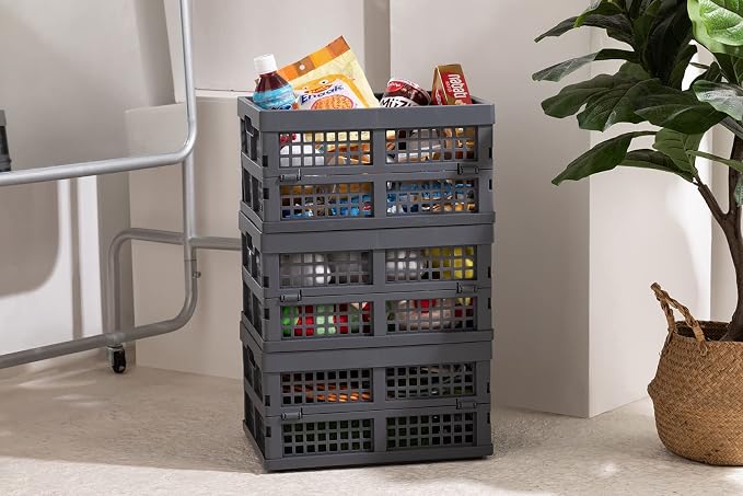 Eslite 16L Collapsible Storage Crates,Folding Plastic Crates for Storage,Pack of 4,Gray