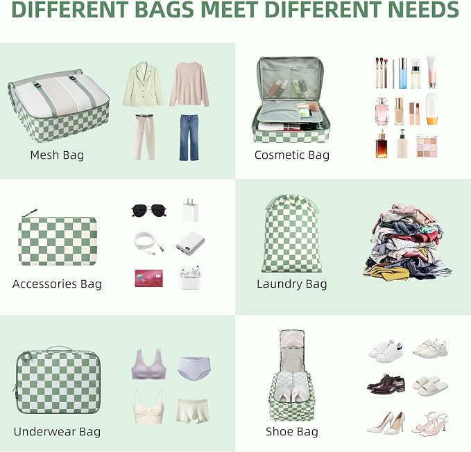 BAGAIL 8 Set Packing Cubes Luggage Packing Organizers for Travel Accessories-Matcha checkered