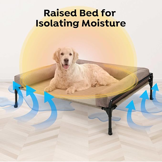 Veehoo Outdoor Elevated Dog Bed-Cooling Raised Dog Cot for Large Sized Dogs | Three-Sided Fence Raised Pet Cot with Mesh & No-Slip Feet Dog Hammock Bed with Removable Bolster-41" x 27" Beige