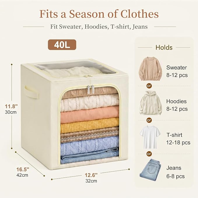 GoMaihe Clothes Storage Bins with Metal Frame for Closet, 40L 4-Pack Beige | Sweaters Hoodies Jeans T-Shirt, Closet Top Shelf Organizer, Collapse-Proof Stackable, Clear Window, Dual Access Space Saving