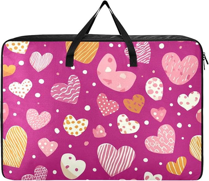 Comforter Storage Bags Large Folding Blanket Organizer Bag with Strong Handles Clear Window Closet Storage Containers for Clothes King Queen Pillows Bedding Quilt Duvet Pink Stripes Hearts