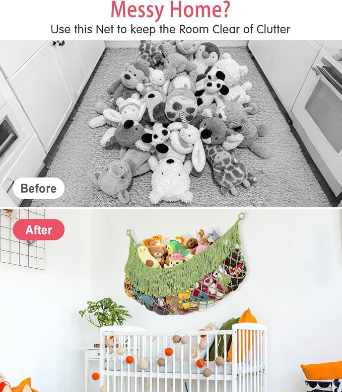 Stuffed Animal Hammock - Extra Large 63'' Long (Avocado green) | Premium Cotton Hand-knitted, Beautiful Long Tassel, Storage Hanging Organizer, Can Fit Stuffed Animals 40 Piece or More