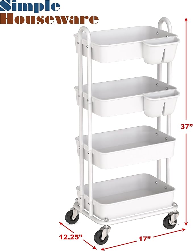 Simple Houseware 4-Tier Rolling Utility Cart with Hanging Bucket, White | Storage for Bathroom, Kitchen, Office, Study Room, Nursery Diaper