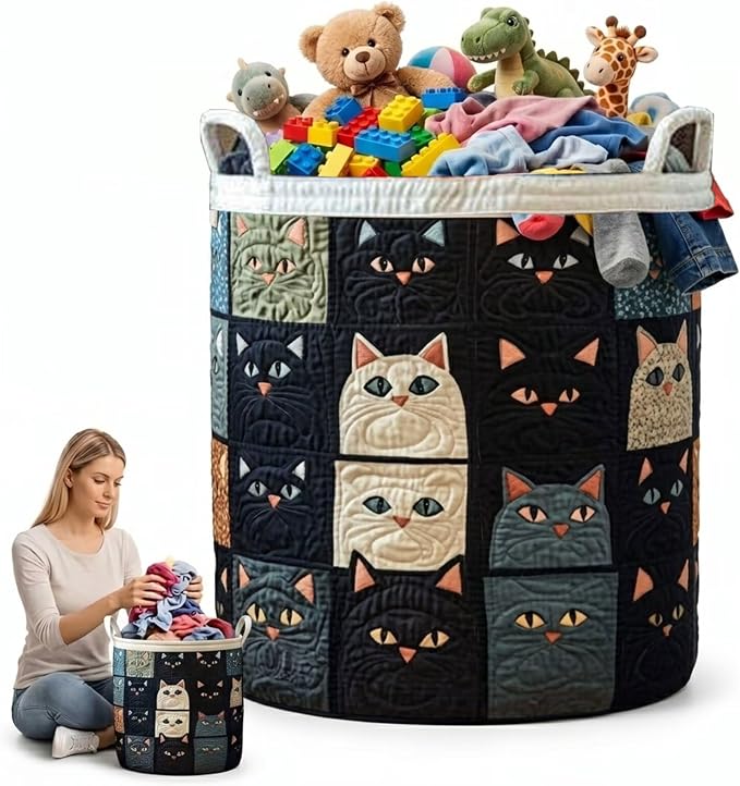 Quilted Laundry Basket with Handles, Boho Storage Hamper, Large Soft Quilted Laundry Basket for Laundry Room,Clothes & Toys(16" x 22")