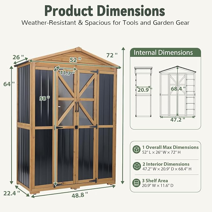 Ketive Outdoor Storage Cabinet, 72-Inch Tall, with Adjustable Shelves | Fir wood frame, metal panels, sloped asphalt roof, hooks and ground stakes for patio and backyard organization.