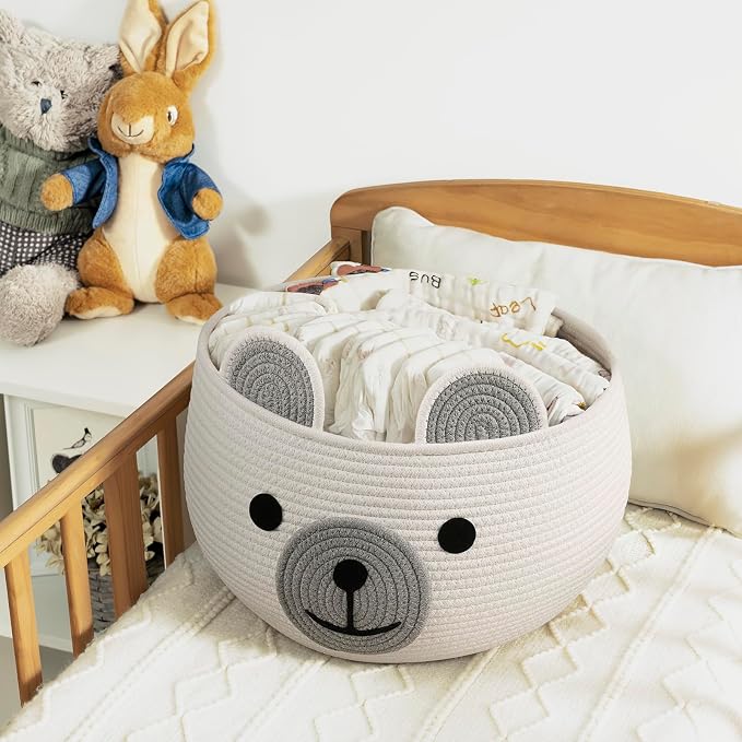 CherryNow Large Baby Basket for Gifts Empty, Cute Bear Design, White | 15.7" x 10.5" Baby Shower Basket With Handles, Cotton Rope Basket for Toys Diaper Caddys Storage, Fits Living Room Nursery