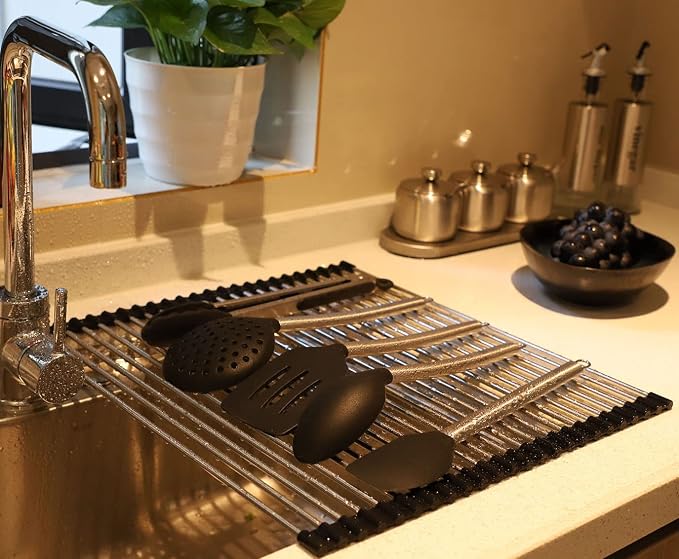Ahyuan Roll up Dish Drying Rack Over The Sink Kitchen Roll up Sink Drying Rack Portable Dish Drainer Foldable Dish Drying Rack (Black, 17.8''X15.8'')