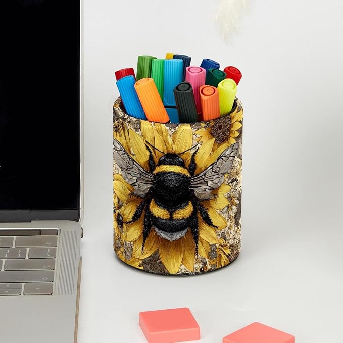 Faux Leather Pen Holder for Desk, Pencil Organizer Bees and Sunflowers Pen Cup Desk Decor Makeup Brush Holder Storage for Office Home