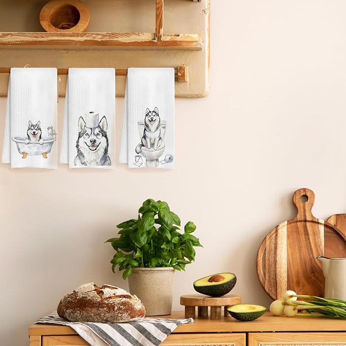 Funny Husky Bathroom Decor Hand Towels Set of 3, Husky Mom Gifts, Gifts for Husky Lovers, Kids Dog Bathroom Decor, 16x24 Inch