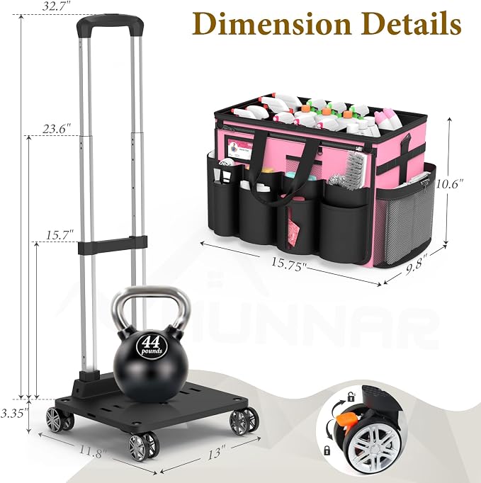 Cleaning Caddy with Wheels - Rolling Cleaning Caddy Bag with Detachable Trolley, Cleaning Caddy for Cleaning Supplies, Cleaning Bag for Housekeeping, Pink