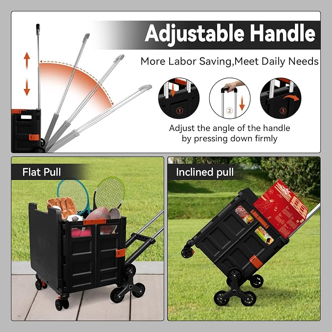 Foldable Utility Cart Portable Crate Rolling Dolly with Telescopic Handle,Can be Pulled diagonally, Magnetic Retractable Lid, 360°Swivel Climbing Wheels for Shopping Carrying Groceries Move Black