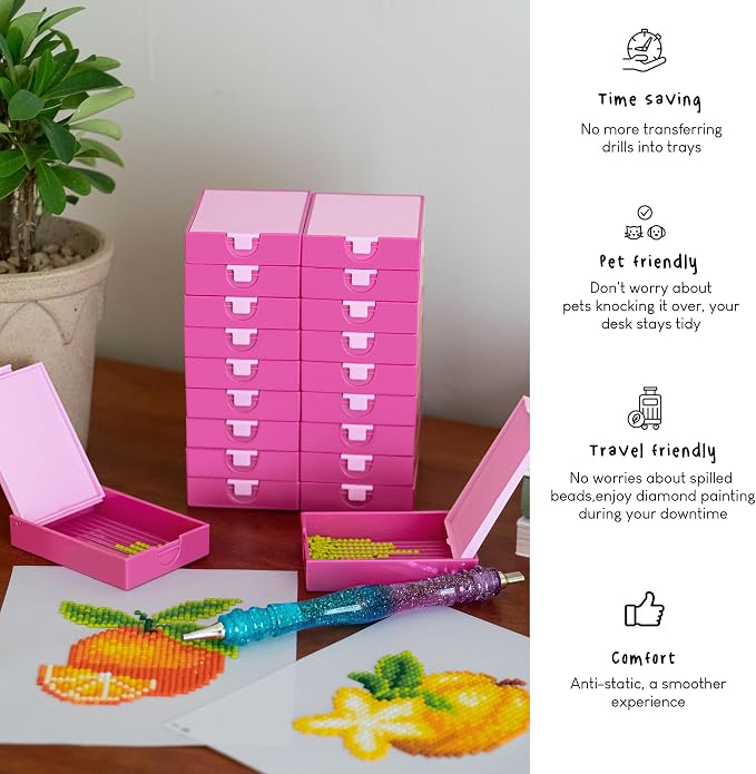 CATEARED 2-in-1 Diamond Art Storage Containers,Anti-static Diamond Art Trays With Lids Diamond Art Accessories, 2-in-1 Storage, Bead Storage & Line-Up, Box Package (Pink, 20 piece Tray Kit)