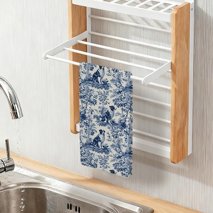 Australian Shepherd Kitchen Dish Towels Set of 2,Blue And White Floral Dog Towel Dish Tea Towels, Chinoiserie Decor For Kitchen Bathroom,Australian Shepherd Gifts For Dog Lover Mom Dad,16x24 Inch
