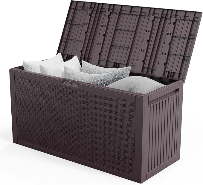 90 Gallon Outdoor Storage Box with Maze Texture, Waterproof Resin Deck Box for Patio Furniture Cushions, Lockable & Weather Resistant Garden Bin for Pool Toys & Tools, Brown
