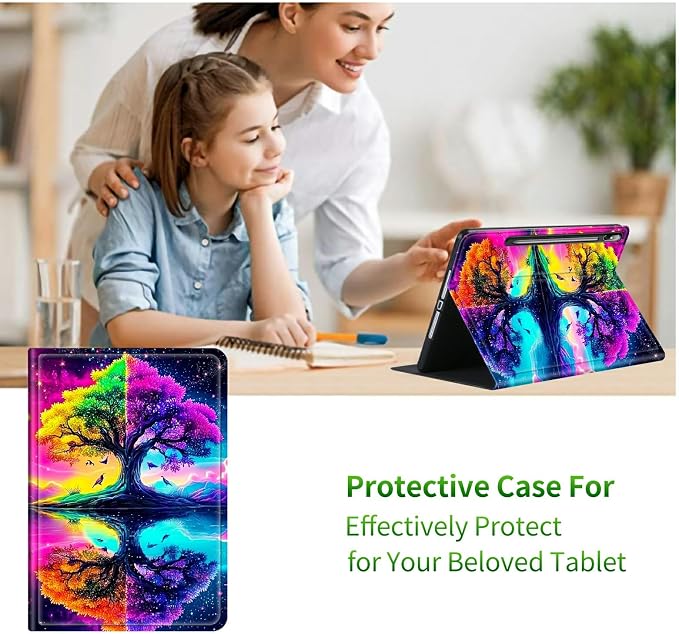 Case for Samsung Galaxy Tab S10+ Plus 2024/ S9 FE Plus/ S9 Plus 12.4" 2023 | Slim Leather Smart Cover with Multi-Angle Anti-Slip Stand [Auto Wake/Sleep] Shell for Women Men, Purple Green Tree