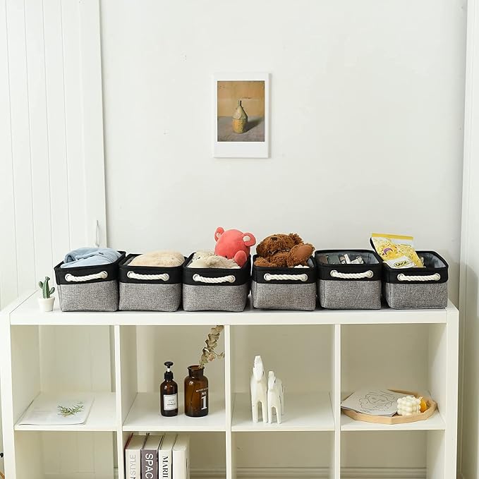 Storage Basket for Organizing - 12x8x5.2 inch 1 Pack Fabric Storage Cubes, Baskets for Gifts Empty for Closet Organizer Dog Gift Cloth Toy (Grey & Black)