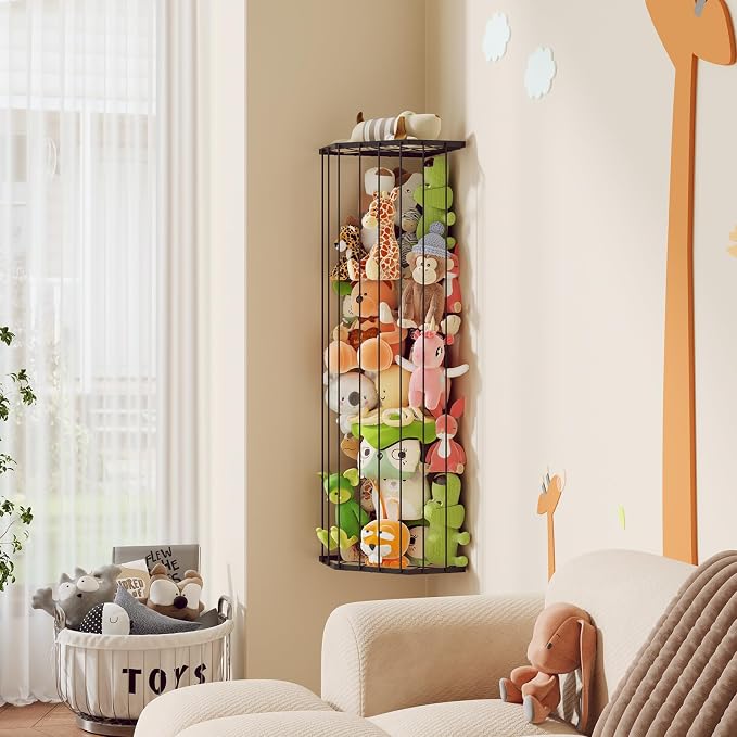 BBLlKE Stuffed Animal Storage Zoo - Corner Plush Toy Organizer Length Adjustable, Wall Hanging Stuffed Animal Net Holder for Nursery Playroom Bedroom Kids Room, Black