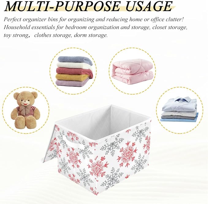 senya Christmas Baskets Collapsible Storage Bins with Lids, Snowflakes Red Gray Storage Boxes Clothes Baskets for Organizing