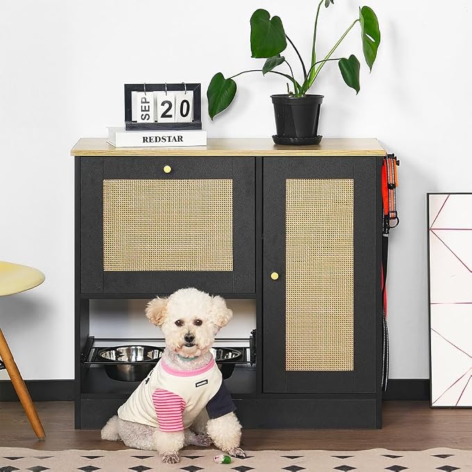 Pet Feeder Station Storage Cabinet, Hidden Pet Feeder Station with 2 Elevated Dog Bowls and Side Hooks, Large Pet Food Organizer Furniture for Feeding & Watering Supplies,