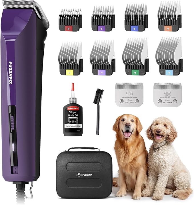 AmpFix Professional Dog Grooming Clippers - 2 Detachable Blade 8 Metal Combs, 2-Speed Heavy-Duty Motor, 10ft Cord, Anti-Slip Shatter-Proof Housing for Pet All Coats