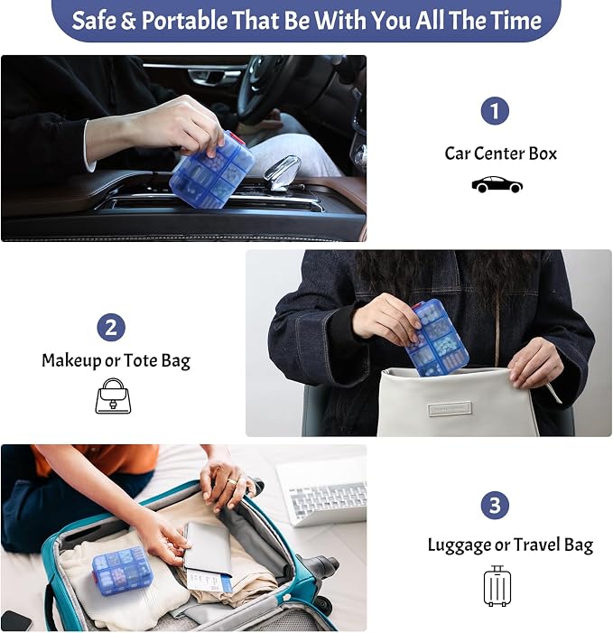 Foldable Weekly Pill Organizer 2 Times a Day with 2 Extra Compartments - Etched Labels - Portable 7 Day AM PM Medicine Box, Week Daily Travel Pill Case Holder for Meds, Vitamin, Supplement -Clear Blue