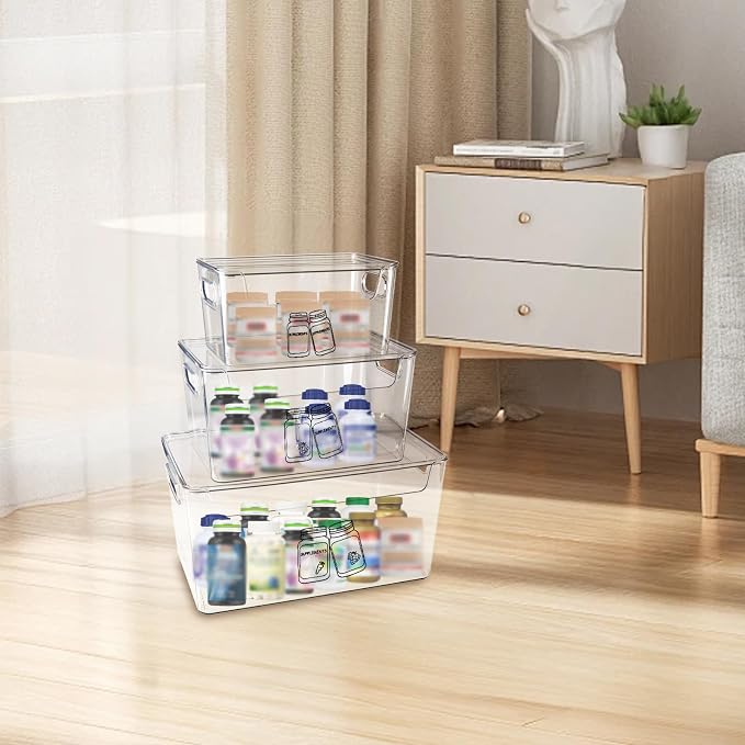 3 Pieces Supplement Bottle Organizer, Clear Plastic Vitamin Organizer with Lid and Handle, Stackable Pill Bottle Organizer, First Aid Box Empty for Vitamin, Medicine, Fish Oil & Supplements