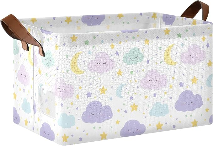 Cute Clouds Moon and Stars Purple Baby Storage Basket with Labels&Handles Rectangular Waterproof Nursery Storage Bins Collapsible Shelf Organizer Baskets for Kids Books Cloth Gift Toys Laundry
