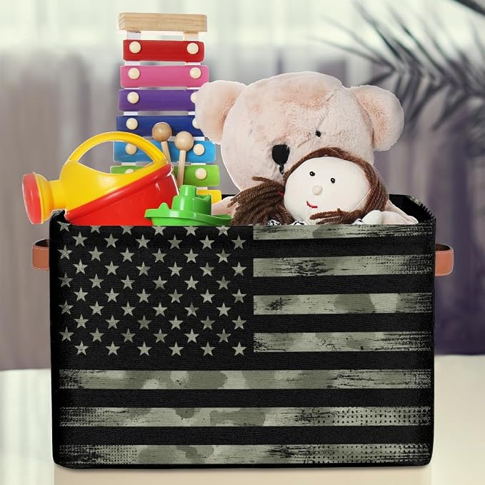 Pardick Flag Basket Storage Bins Rectangle Canvas Basket Cube Storage Box | Nursery Foldable Basket with Handle for Kids Girls Boys Toys Living Room Closet Organizer Shelf Gifts Camo Amry