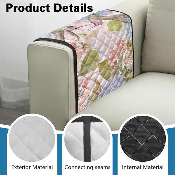Hummingbird Floral Stretch Armrest Covers Couch Arm Cover Non-Slip Arm Rest Covers with 2 Pockets Armchair Slipcovers for Recliner Furniture Protector Home Decor