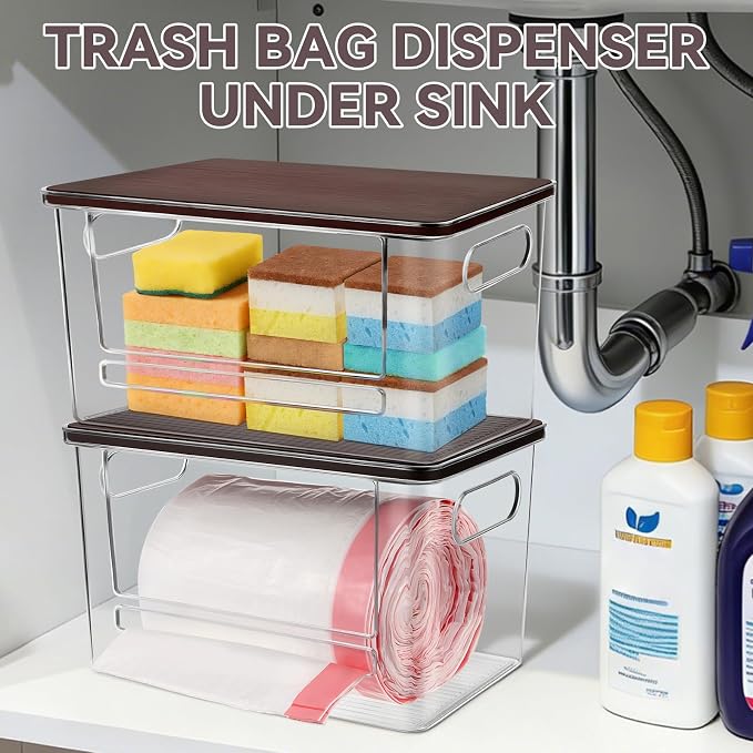 Trash Bag Dispenser Under Sink Organizer for Pantry, Kitchen | Acrylic Garbage Bag Dispenser, with Brown Bamboo Top & Handles, Extra Large, Keep Onions and Potatoes Neat, Clear, Stackable