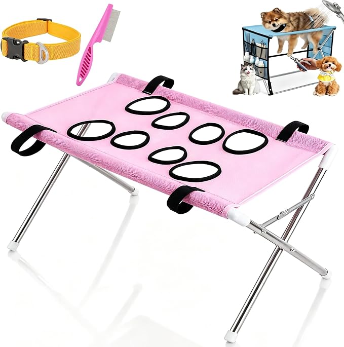 2-in-1 Foldable Pet Grooming Bed, Portable Pet Bathing Stand (Pink,A) | Dog Grooming Hammock with Foldable Frame and Mesh Side Pockets, Suitable for Pet Washing Maintenance Travel Grooming